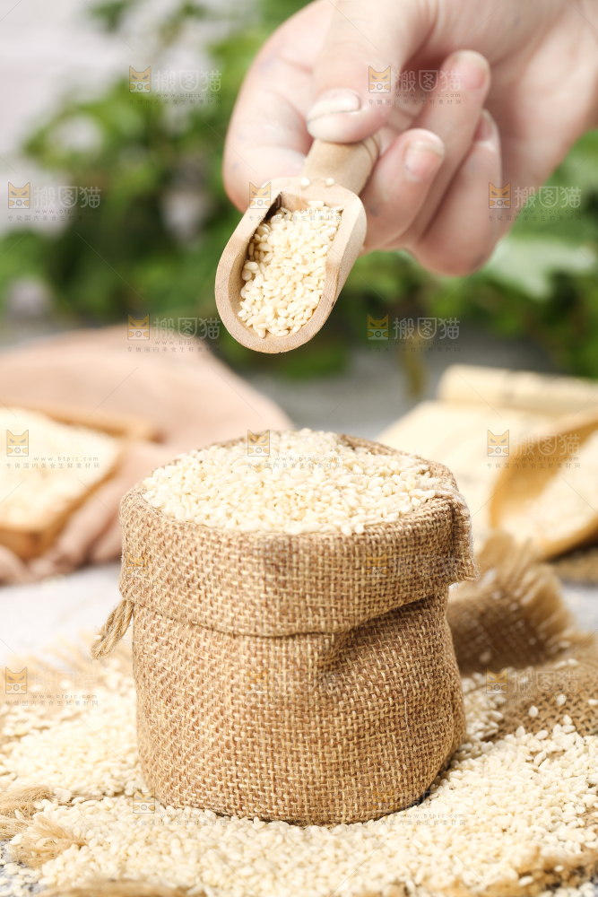 小麻袋里装着生芝麻和勺子上挖着芝麻