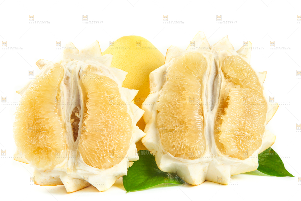 白底上的白心蜜柚和柚子果肉