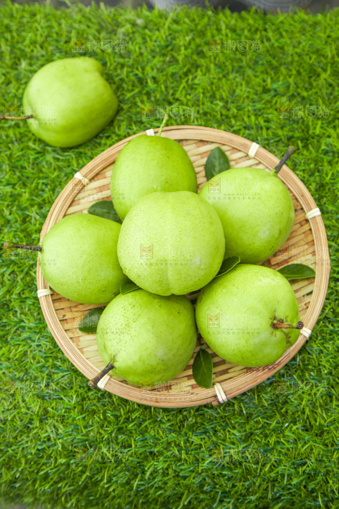 草地上放着一盘早酥梨
