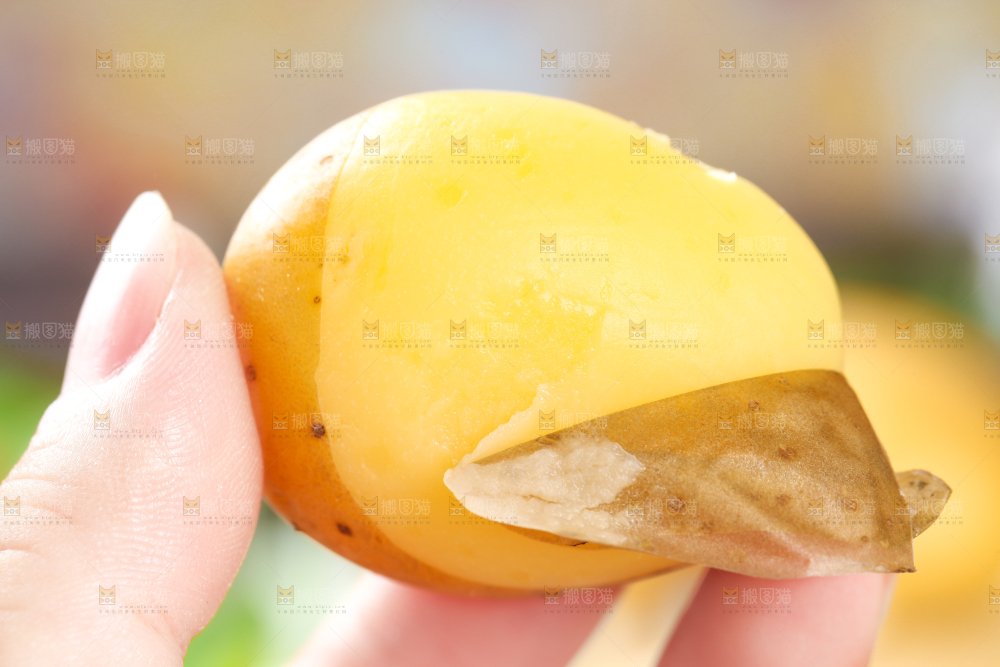 手拿剥皮的黄心熟土豆