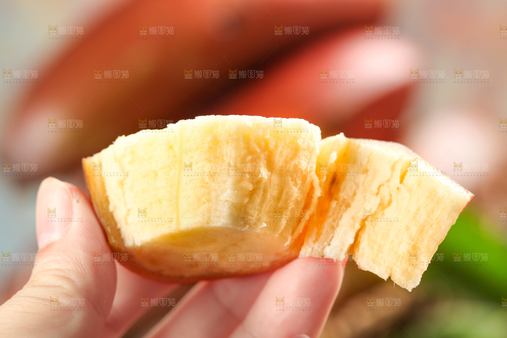 浅底上手拿着一块红皮香蕉