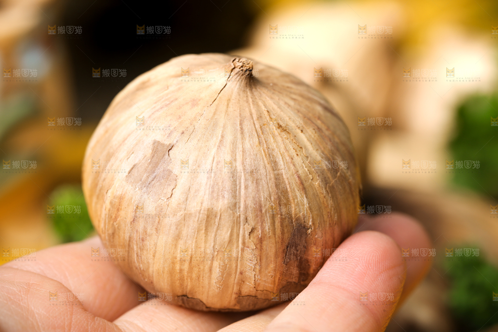 手里拿着黑蒜头