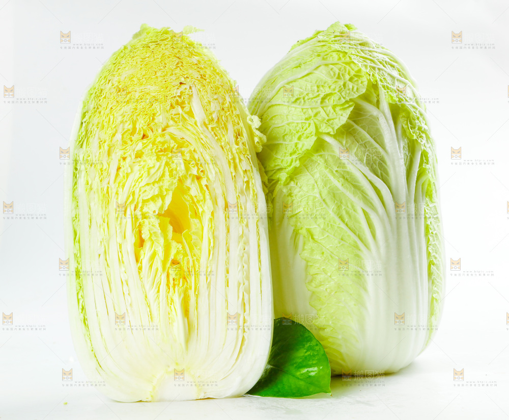 切开的黄心大白菜放在白底上