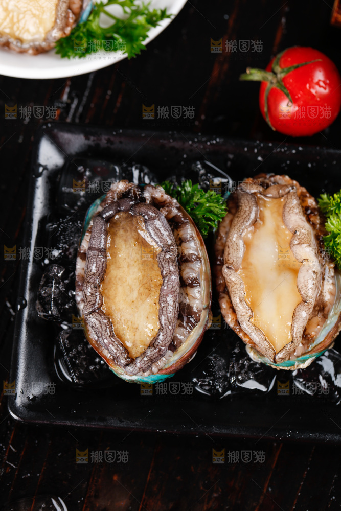黑底上放着一盘鲜鲍鱼