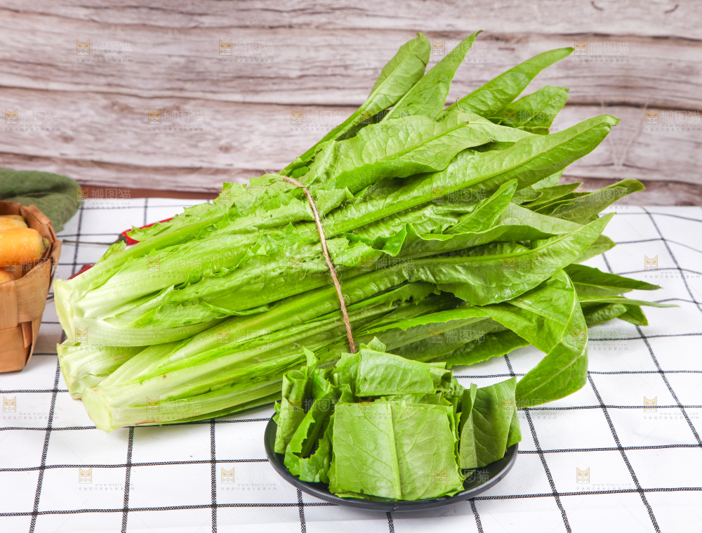 白格子底上放着新鲜油麦菜