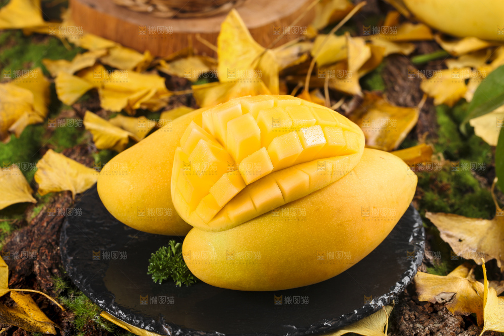 黑石板上摆放着新鲜芒果