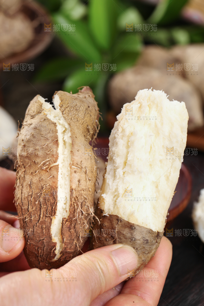 手拿掰开的熟毛薯
