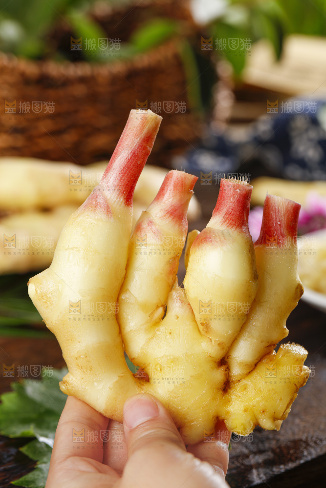 木板上的红芽嫩仔姜