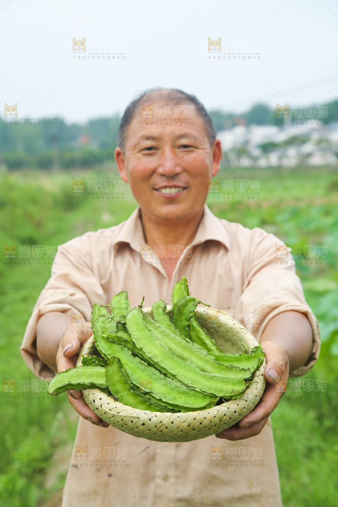 农民手里拿着一篮四角豆