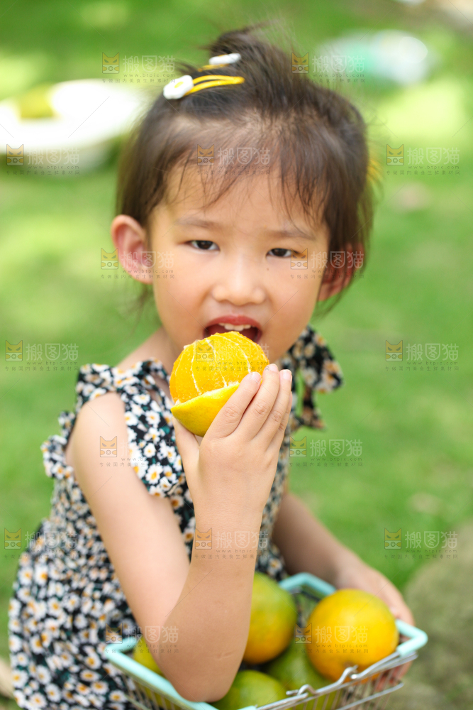 小女孩正在吃夏橙