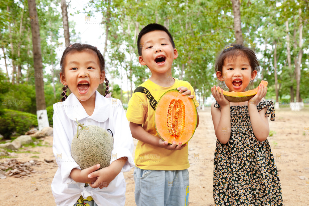 小孩子手里拿着网纹哈密瓜