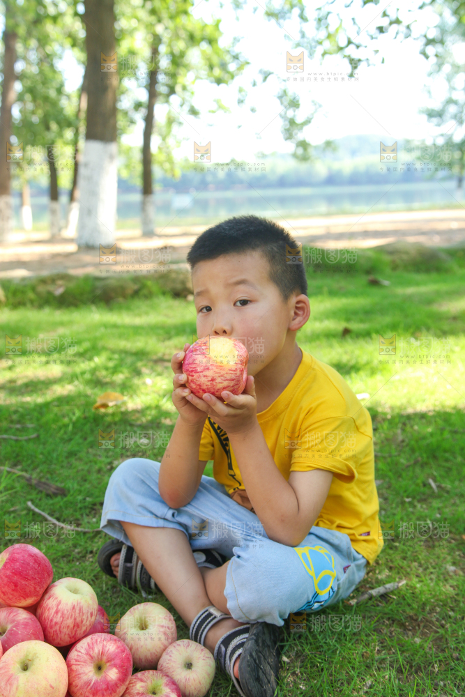 小男孩正在吃苹果