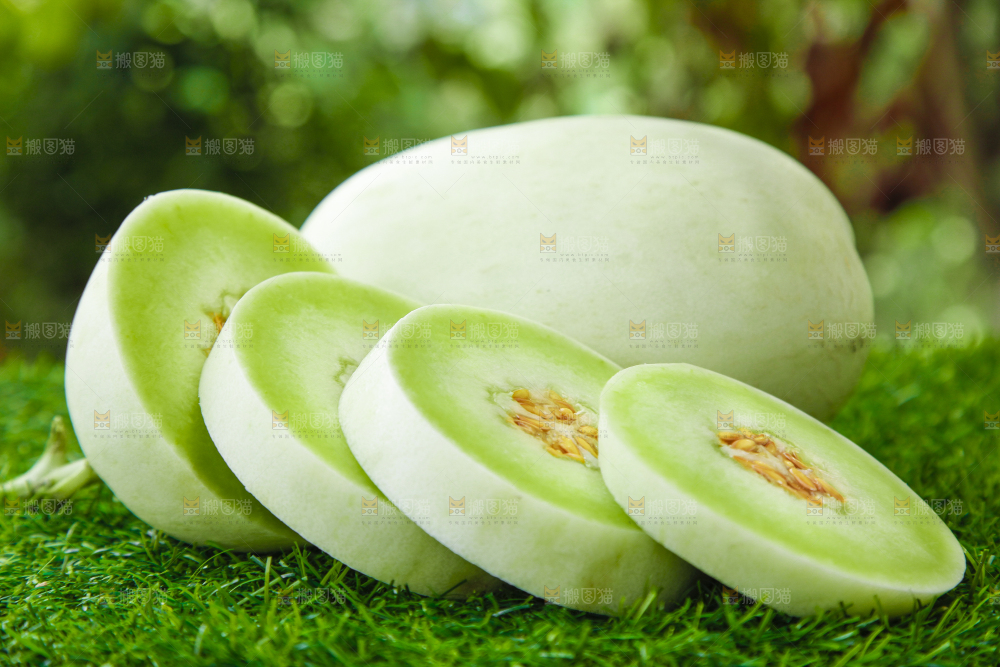绿草地上摆放着玉菇甜瓜