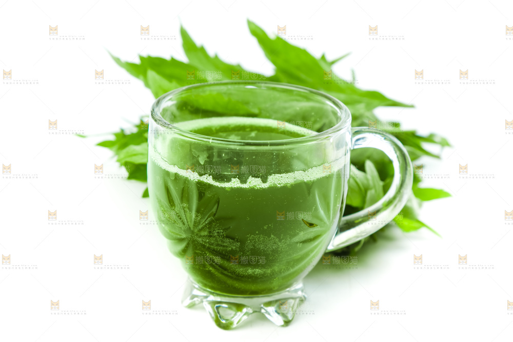 杯子里装着艾草榨的汁