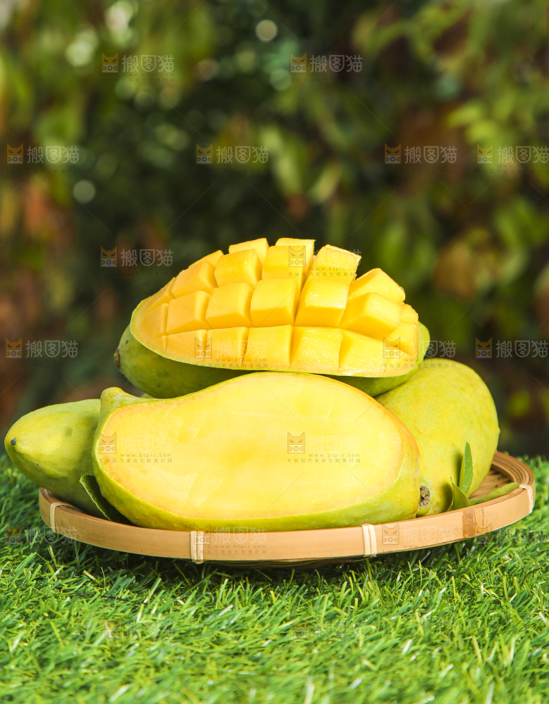 绿地上放着一篮芒果