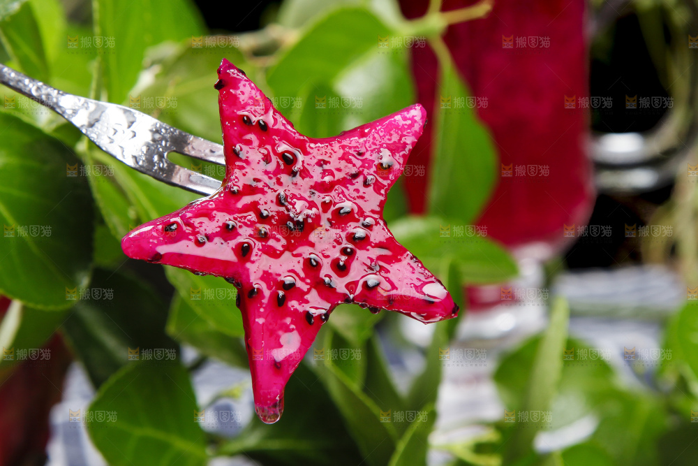 叉子叉着一块红心火龙果