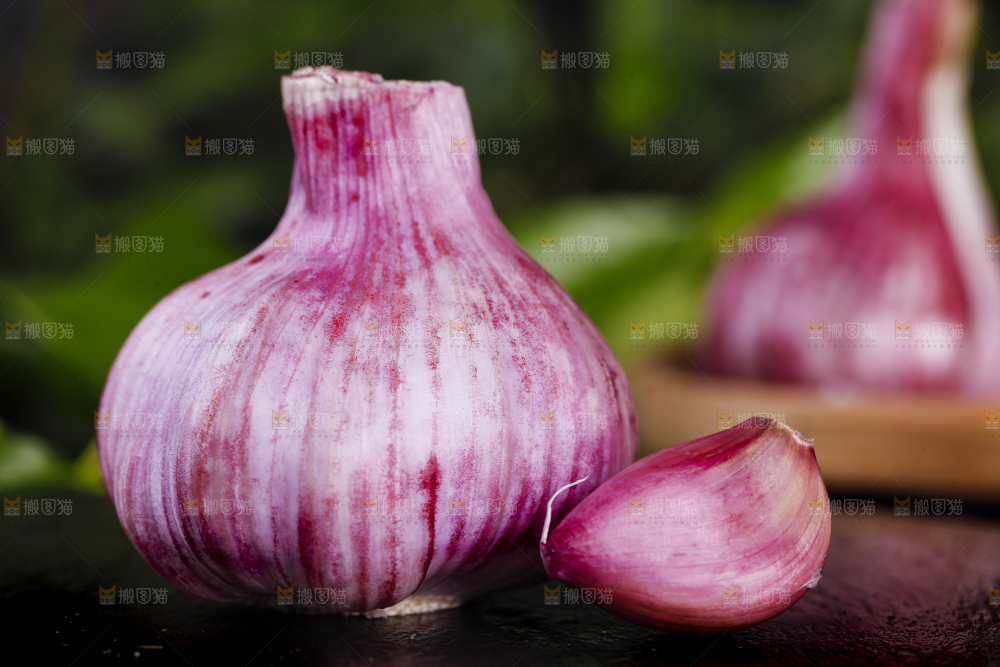 黑底上放着紫皮鲜蒜