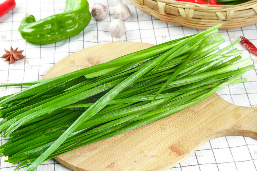 格子底上的鲜嫩韭菜