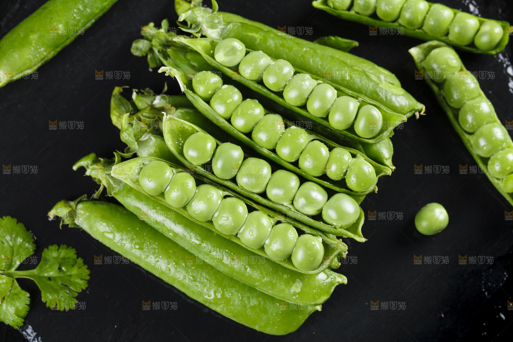 黑底上摆放着豌豆荚