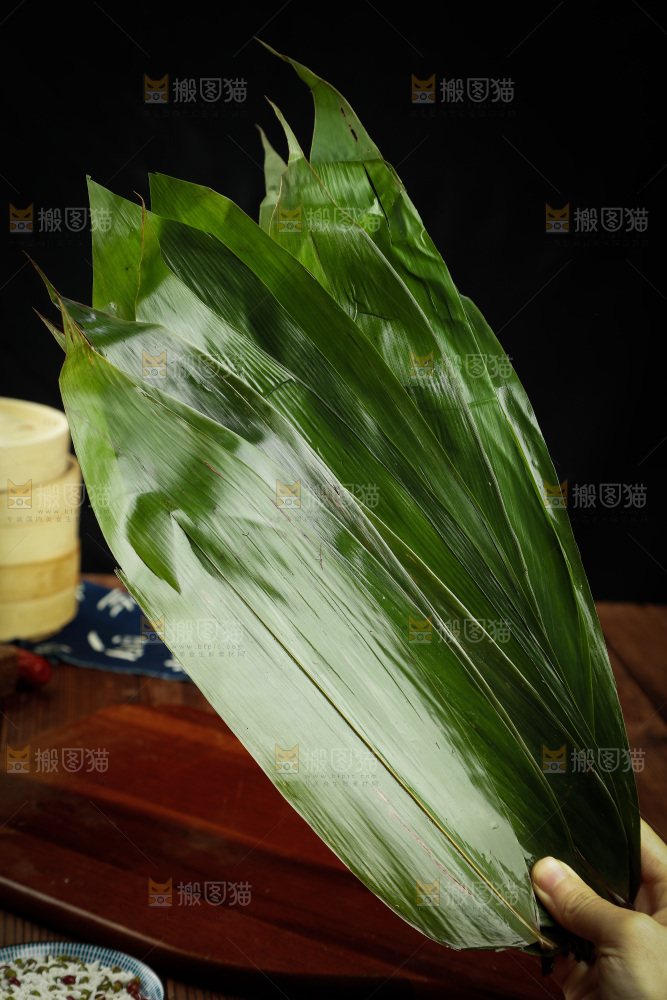 手里拿着天然粽子叶