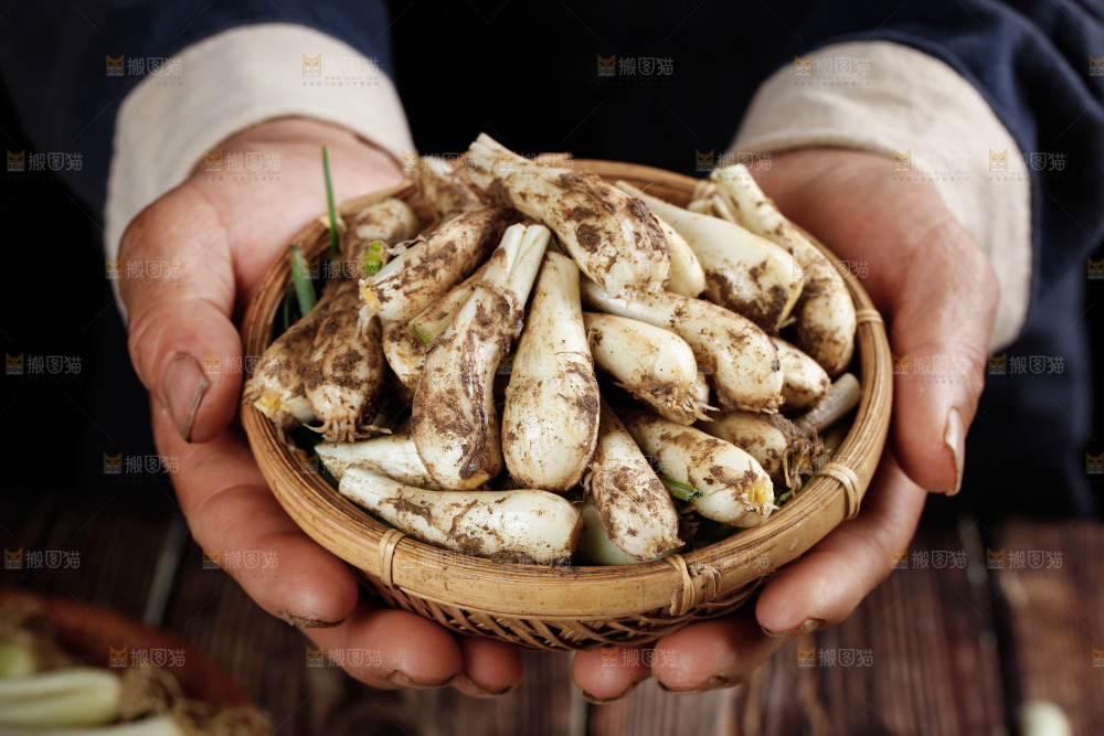 手里端着一篮无叶藠头
