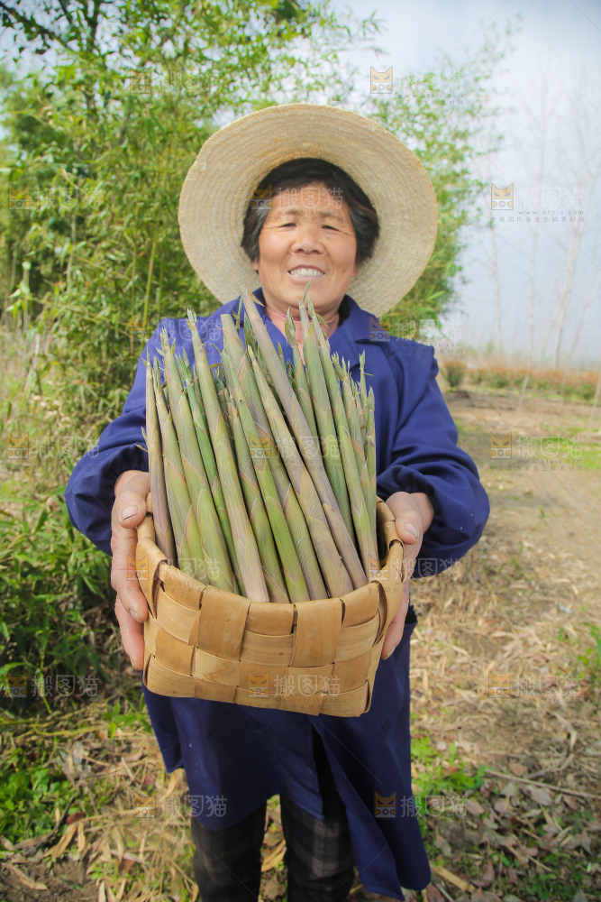 农民手里端着一篮小山笋