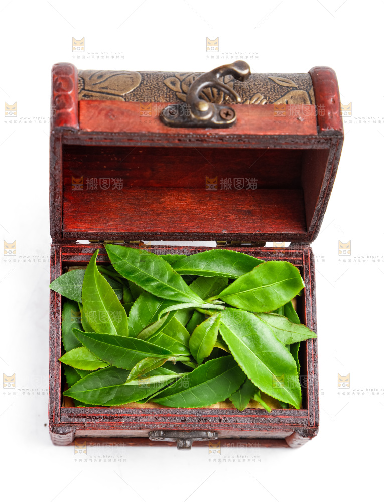 白底上放着绿茶叶