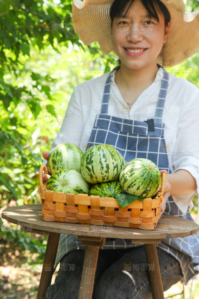 桌子上放着一篮新鲜花蕾甜瓜