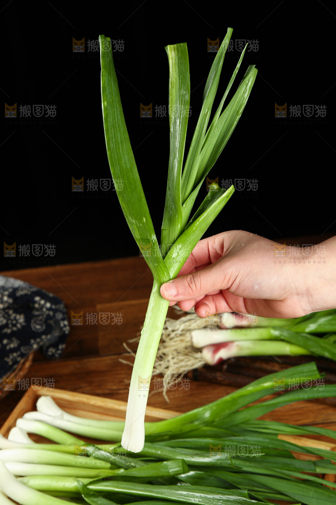 手里拿着大蒜苗