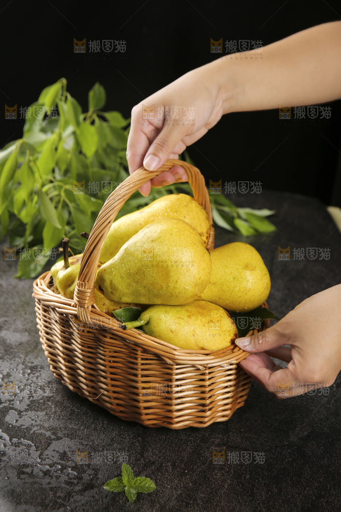 手拿着一篮新鲜太婆梨