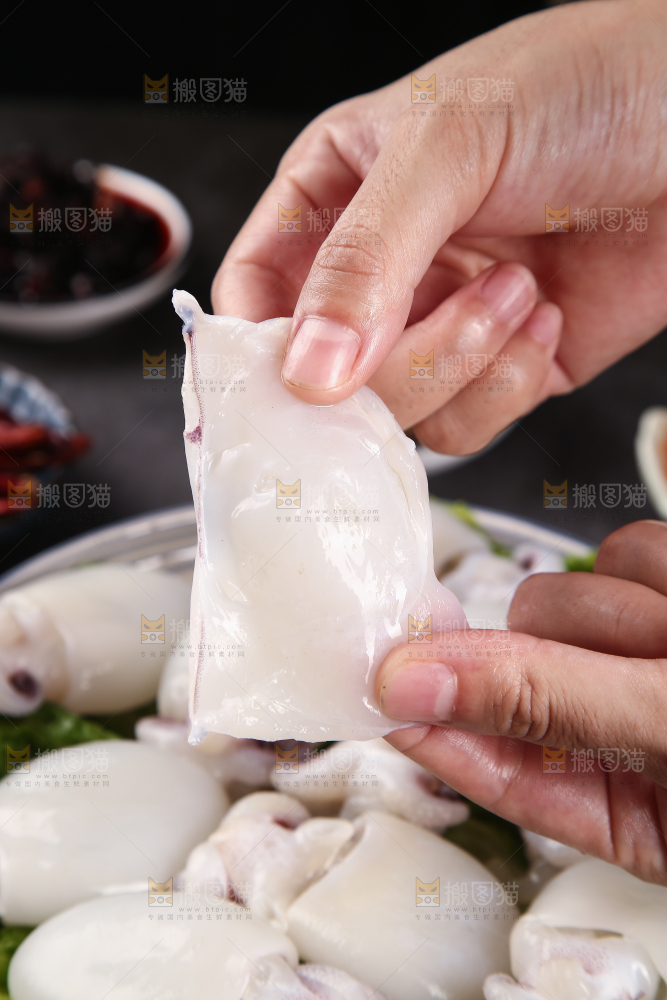 手里拿着新鲜墨鱼仔