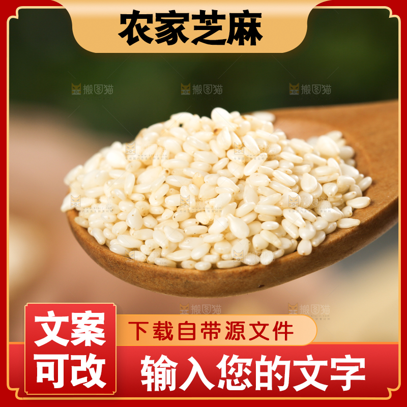 一碗脱皮白芝麻和勺子上挖着芝麻