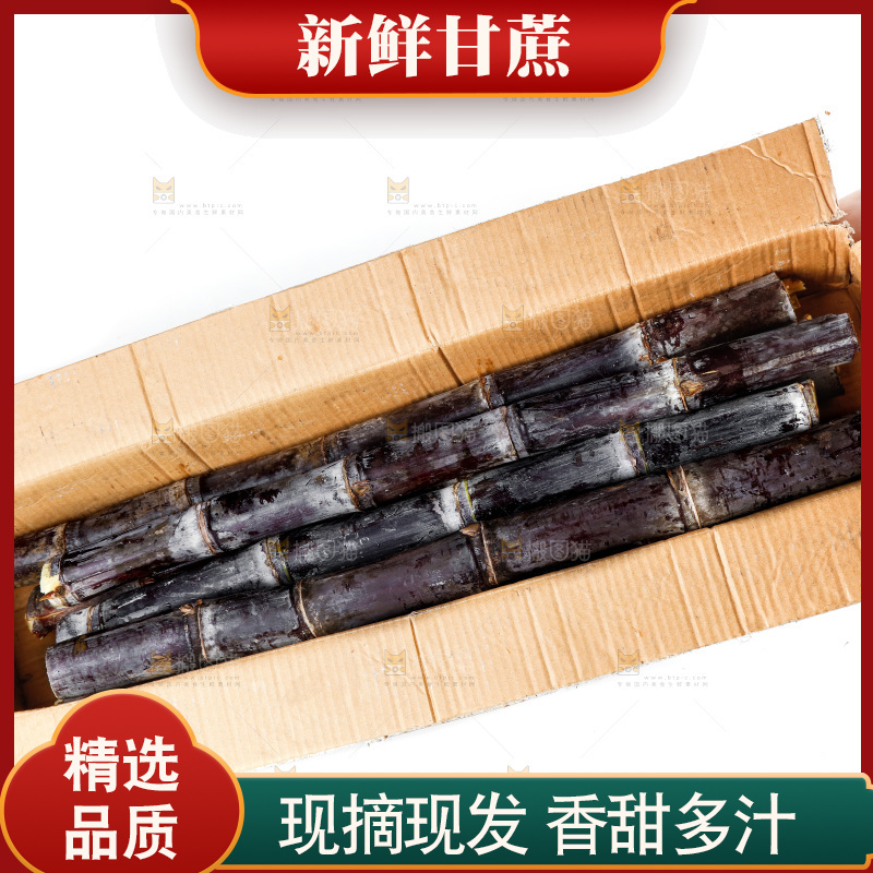 白底上一箱黑皮甘蔗和手上拿着甘蔗