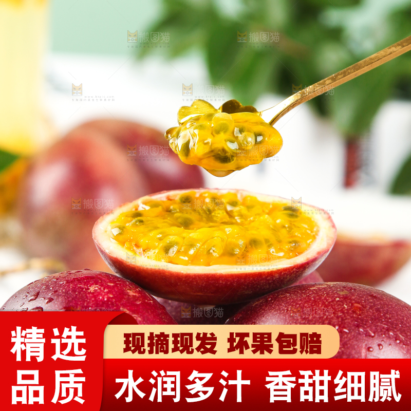 勺子里的红皮百香果果肉