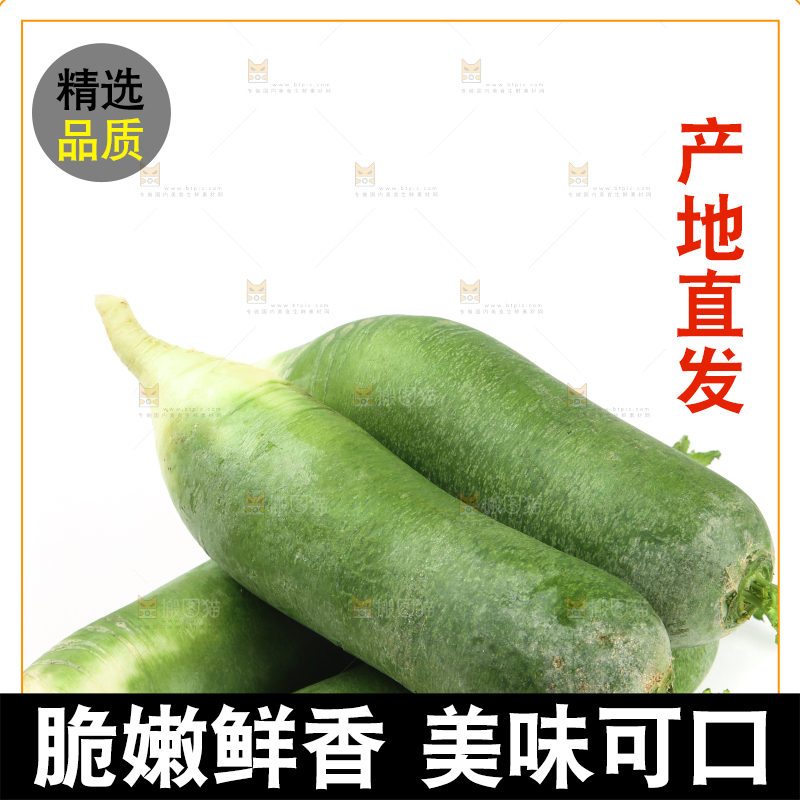 白底上摆放着绿心萝卜