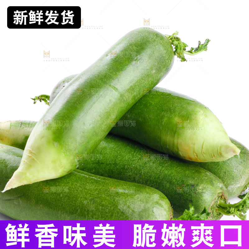 白底上摆放着绿心萝卜