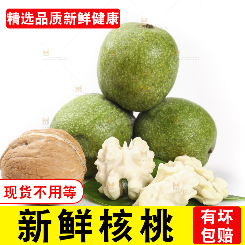 白底上放着新鲜核桃果仁