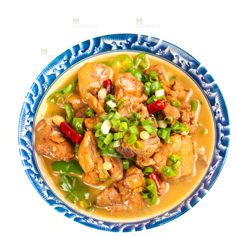 白底上的一碗红烧鸡块