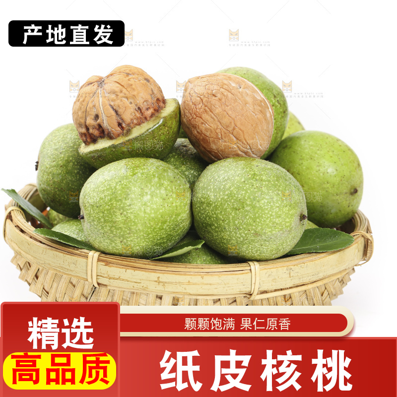 一筐青皮核桃放在白底上