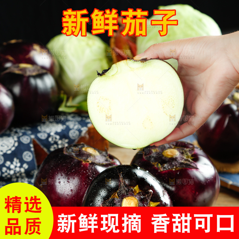 手拿切开的紫圆茄子