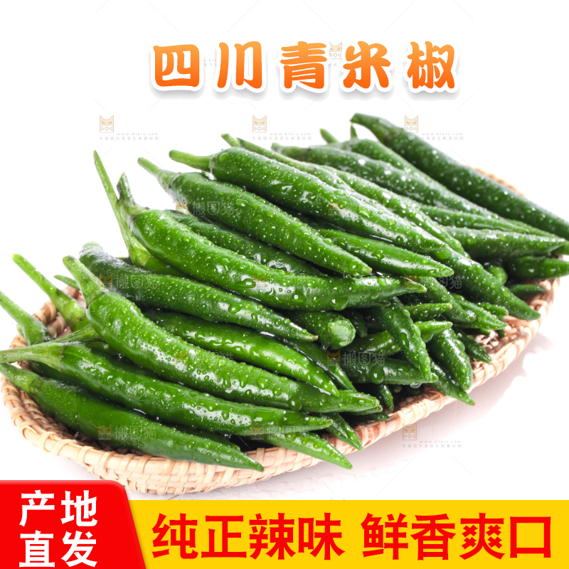 一盘新鲜的青小米辣放在白底上