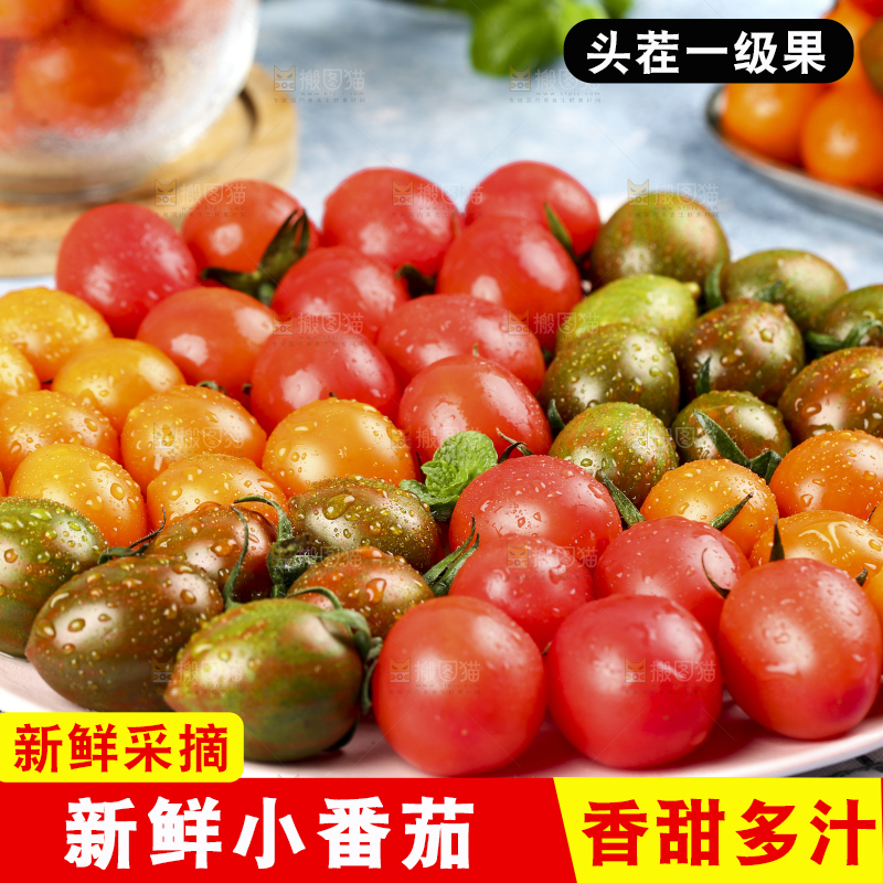 格子布上放着一盘三色小番茄