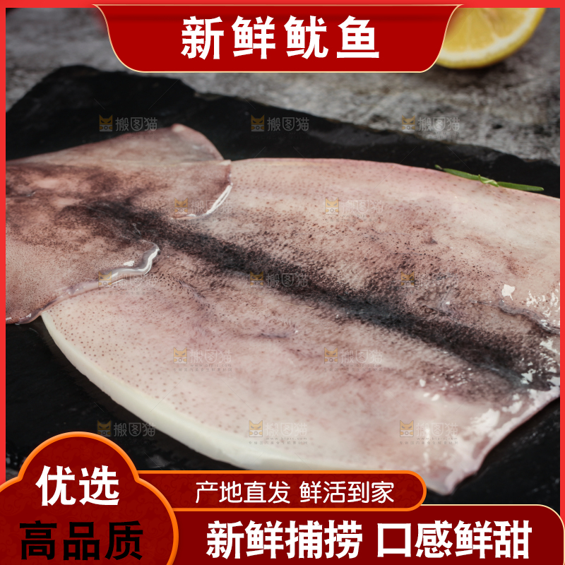 黑石板上摆放着鱿鱼