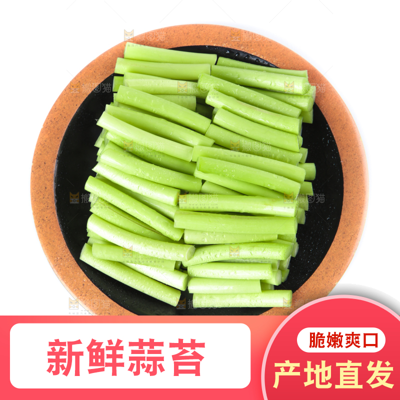 一盘新鲜蒜苔段放在白底上