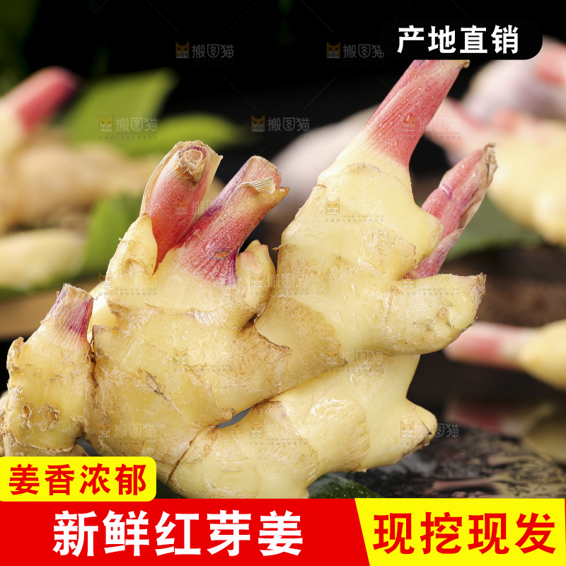 黑石板上放着红芽嫩仔姜