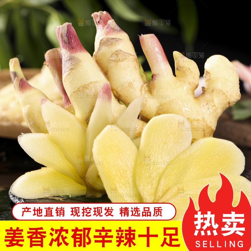 黑石板上放着红芽嫩仔姜