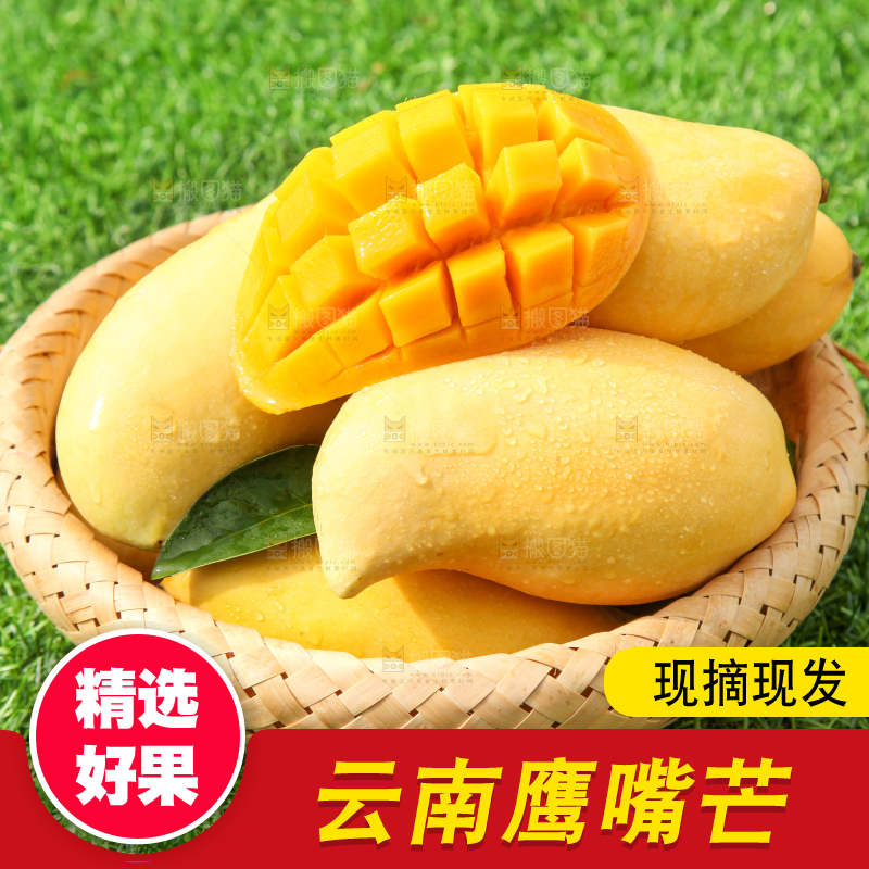 绿草地上放着一篮鹰嘴芒果