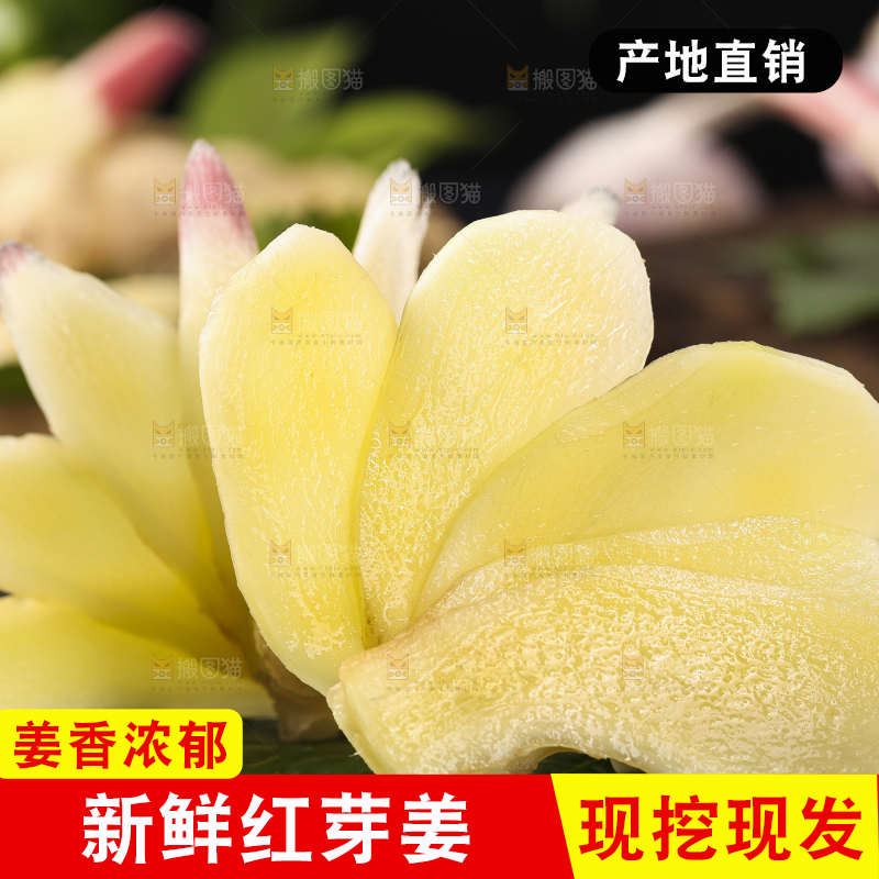 黑石板上放着红芽嫩仔姜