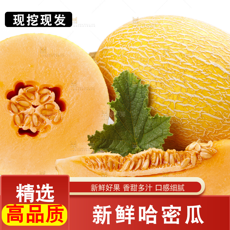 白底上摆放着黄皮蜜瓜