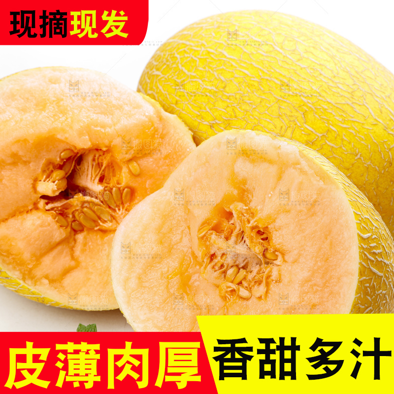 白底上摆放着黄皮哈密瓜